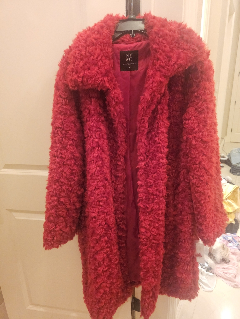 New York & Company Red Teddy Faux Fur Coat